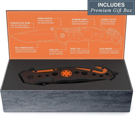 Swiss Safe - Tactical Rescue Folding Knife - EMT ORANGE